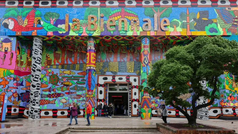May 7 2024: The colorful facade of the Biennale Central Pavilion located in Giardini in Venice.