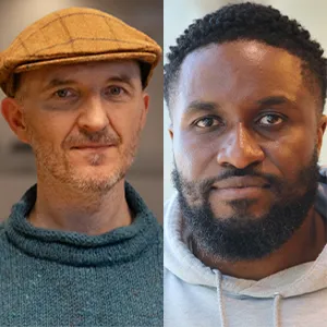 A split image featuring two people. On the left, Feargus MacDaeid has short hair and light beard, wearing a blue sweater. On the right, Nnamdi Emelifeonwu with a full beard, short hair and dressed in a white hoodie.