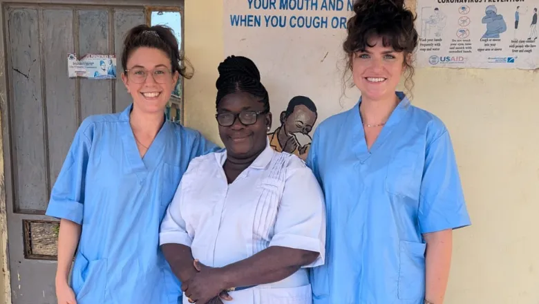 King's Global Health Partners Fellows Emily Bailey and Cass Beck with Matron Conteh at Kambia Hospital, Sierra Leone.