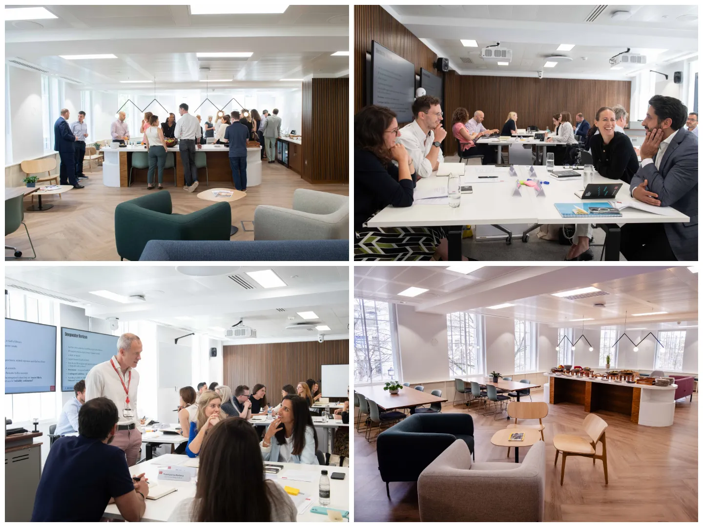 Four images of people in the Melbourne House teaching suite: talking in a break area, sitting at tables engaged in conversation, and interacting during a teaching session.