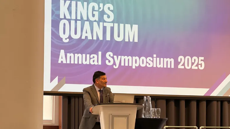 Professor Bashir Al-Hashimi on stage at the King's Quantum Annual Symposium