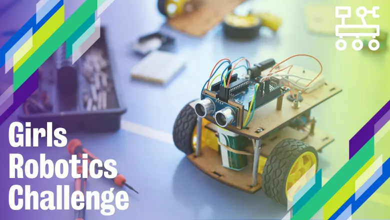 Decorative image showing a robot with 'Girls robotic competition' written on top of the image