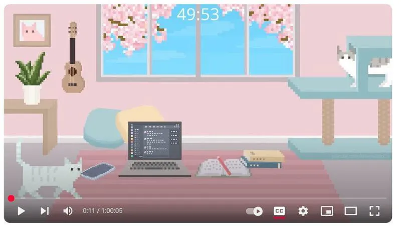 A cozy pixel art room with a laptop open on the floor displaying a chat app, surrounded by notebooks, books, and cats. A large window shows cherry blossoms outside, and a timer at the top reads 49:53.