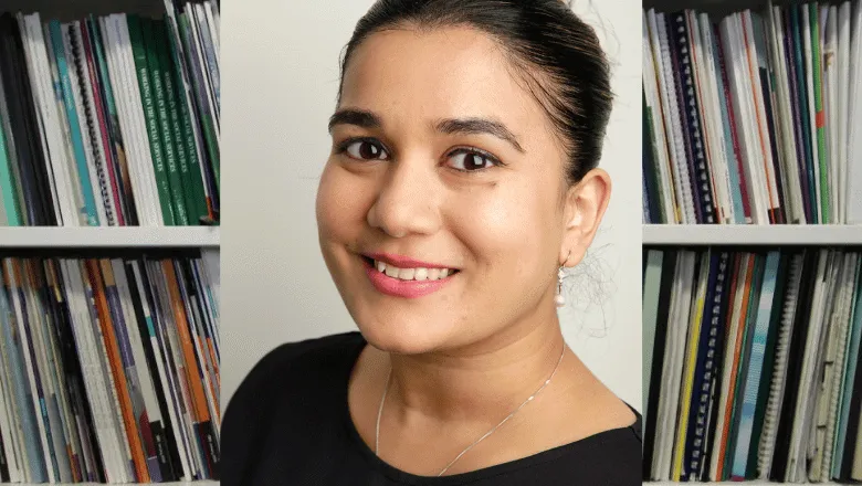 Headshot of Sanchika Campell, overlayed in front of an image of a bookshelf filled with books