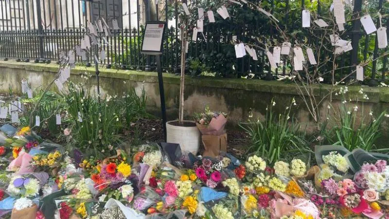 A sapling cherry tree surrounded by floral tributes outside the St Mary's Le Strand churchyard on the Strand Campus, in memory of Aalia Mahomed, a King's College London student.